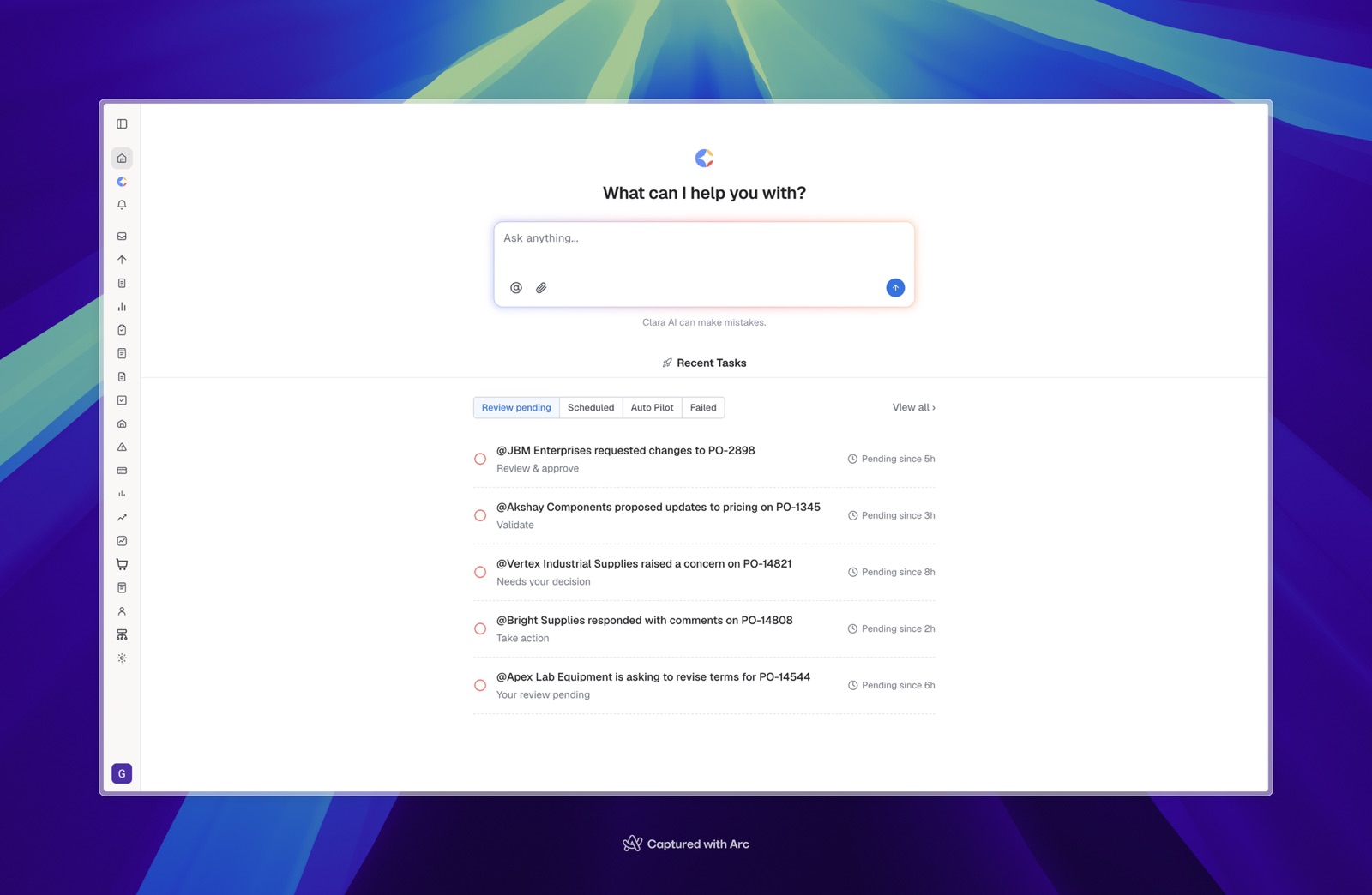Clara AI home, with recent tasks pending review